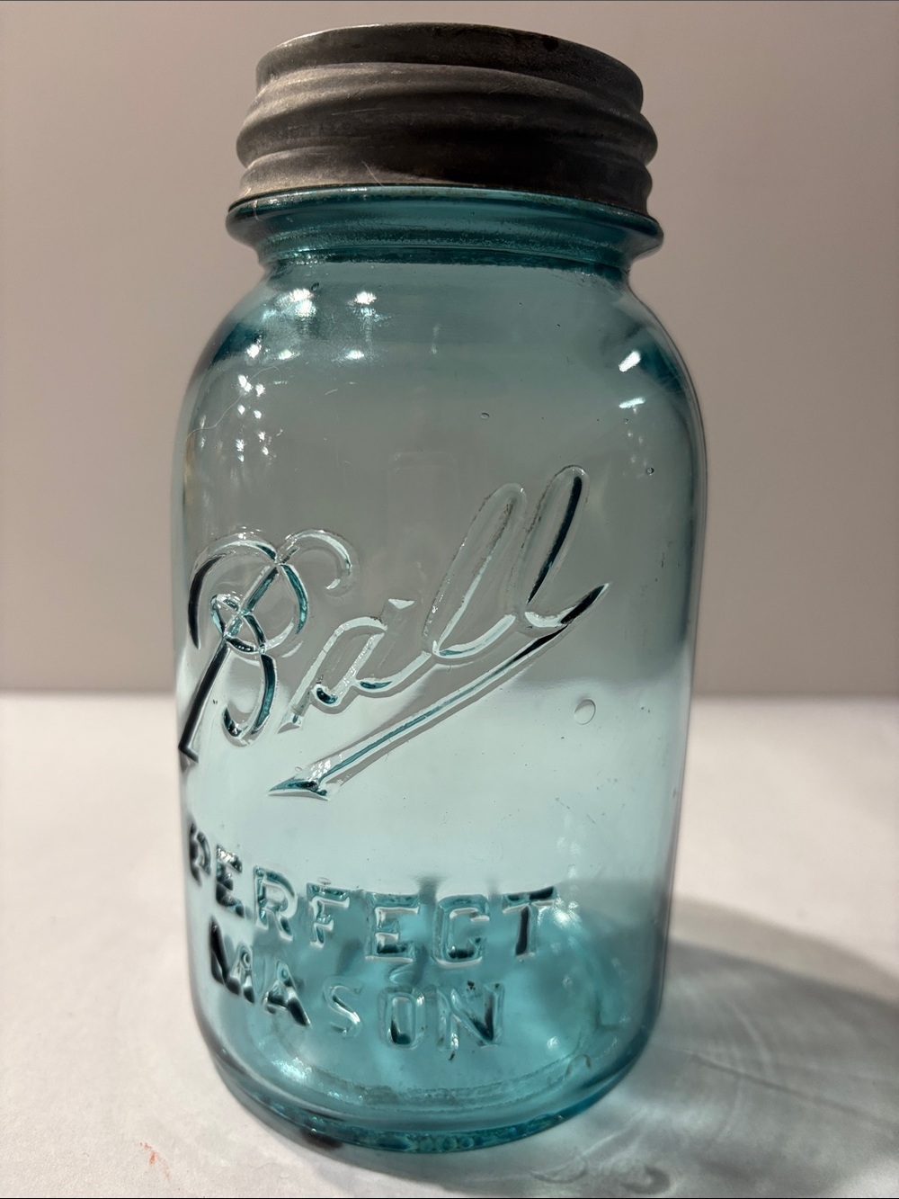 Antique Ball Perfect Mason Aqua blue Glass Jar with Zinc Metal Lid 1 quart #4